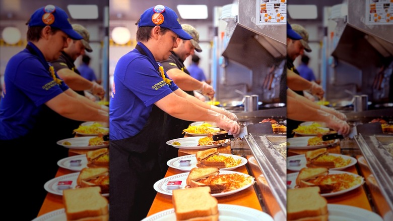 Waffle House workers assembling plates
