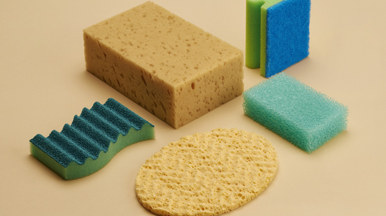 Several scouring pads placed against brown background