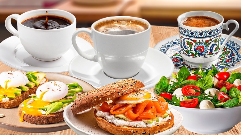 coffee with toast bagel and Caprese salad