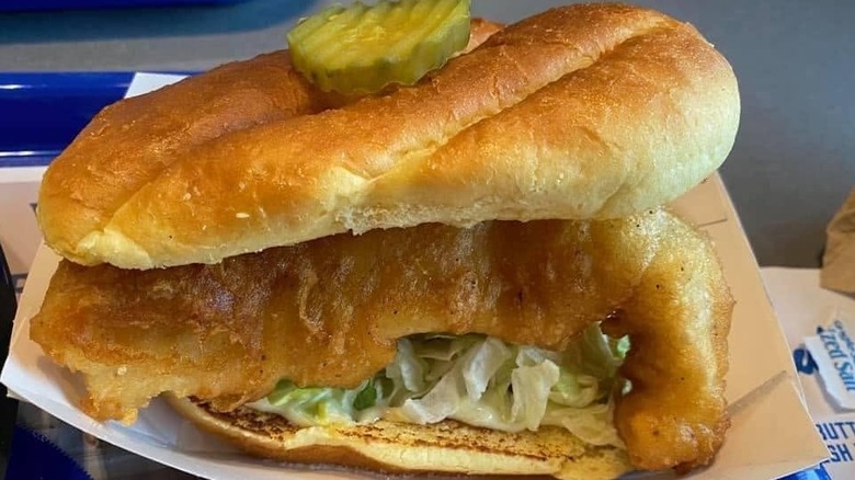 Culver's Walleye Sandwich, topped with a pickle slice