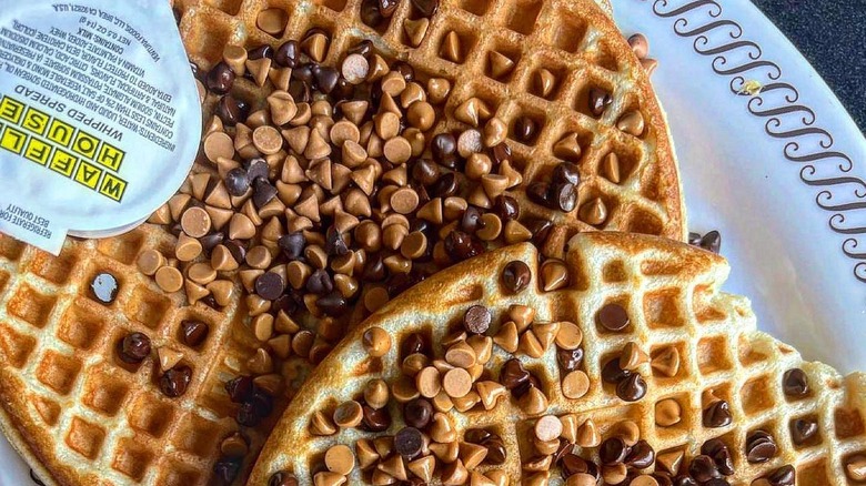 Chocolate and peanut chips on a waffle with Waffle House whipped spread