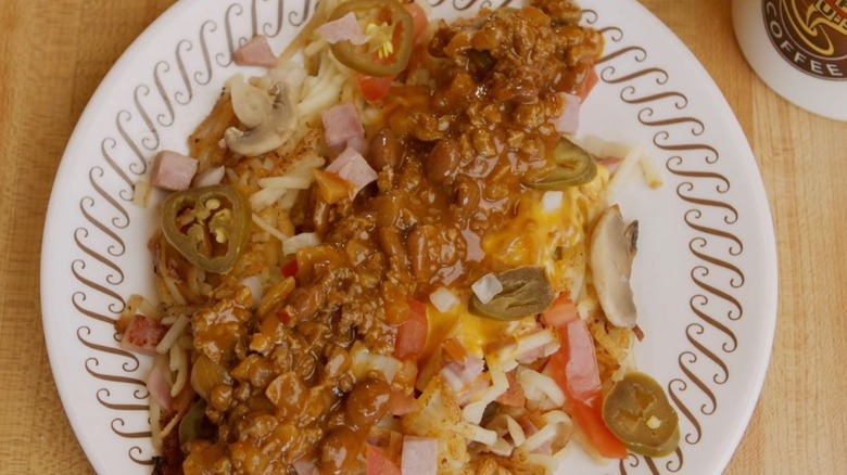 Waffle house plate with a mix of ingredients