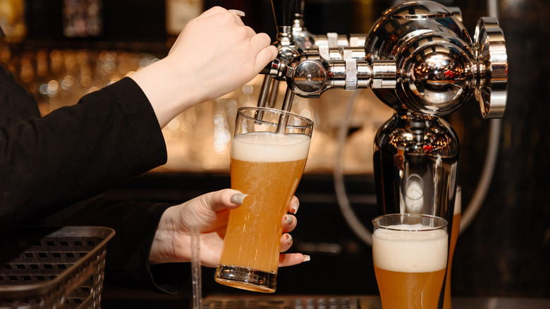 Bartender pouring draft beef into a lass