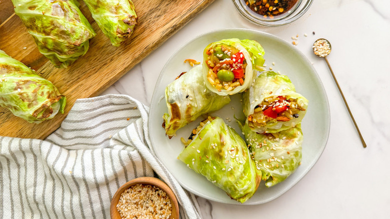Veggie-stuffed cabbage rolls on plate