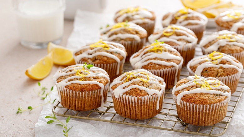 Glazed lemon muffins on wire cooling rack