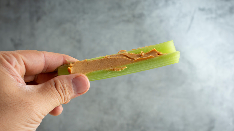 Hand holding a celery stick topped with peanut butter against grey wall