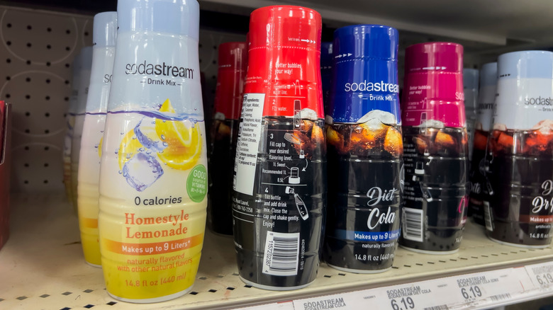 Close up of SodaStream flavors on store shelf