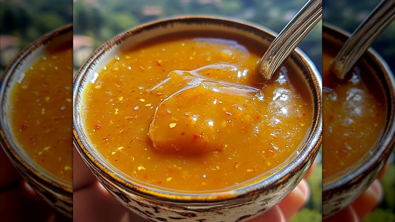 A bowl of Carolina gold sauce with a spoon protruding