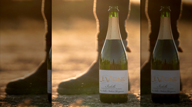 sparkling wine bottle with boot behind