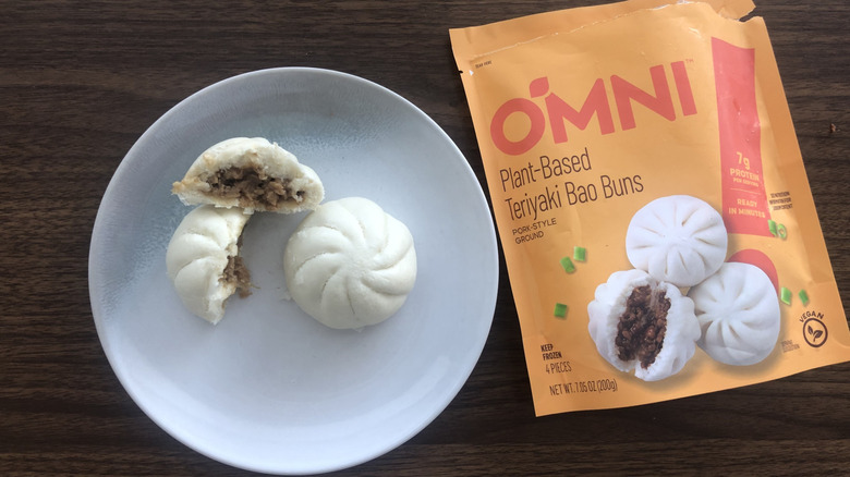 Omni plant-based teriyaki bao buns on a plate