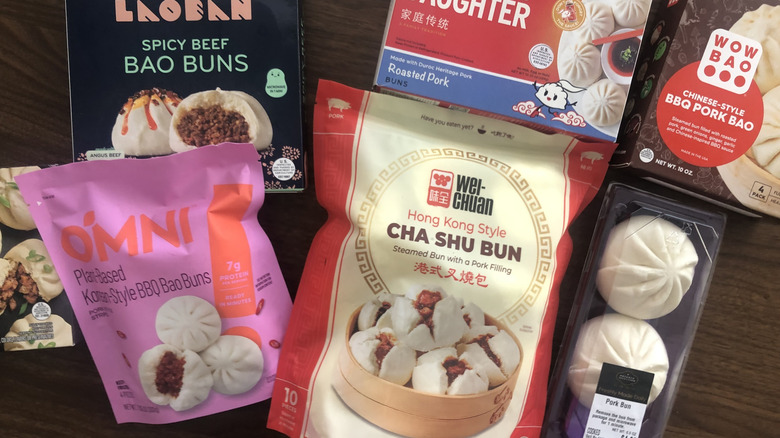 Different store-bought bao bun brands in their packaging