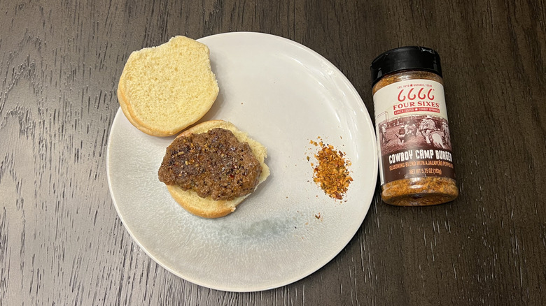 Four Sixes Cowboy Camp Burger Seasoning Blend on burger slider.