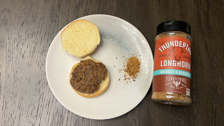 Fire & Smoke Society Thundering Longhorn Brisket & Burgers Seasoning on burger slider.