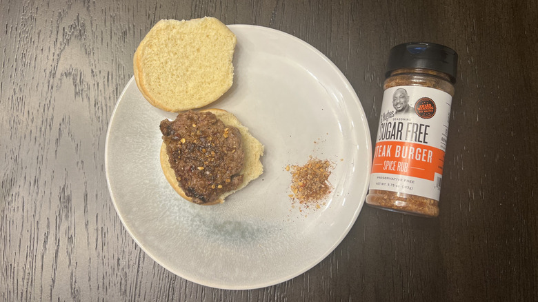 G Hughes Sugar Free Steak Burger Spice Rub on burger slider.