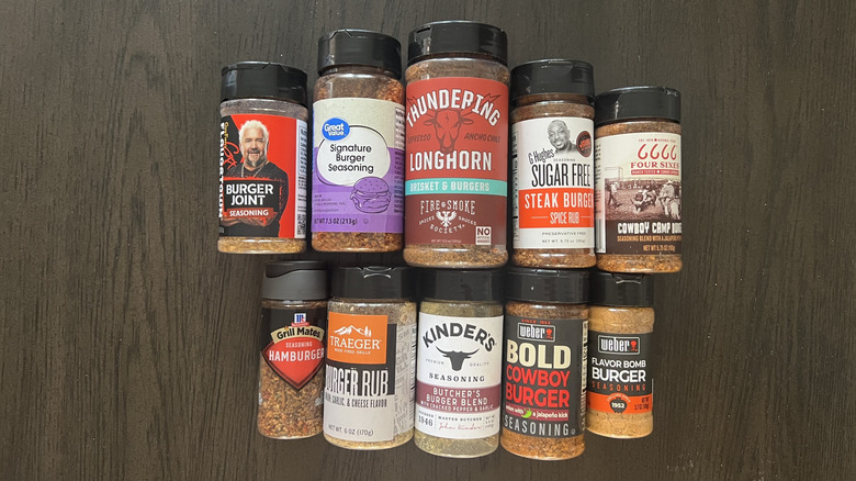 10 different bottles of store-bought burger seasoning.