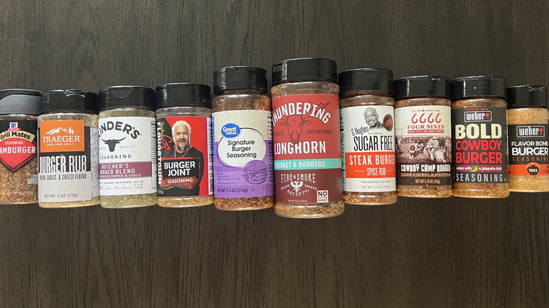 10 different bottles of burger seasonings.