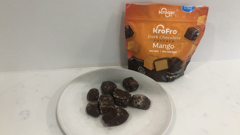KroFro Dark Chocolate Covered Mango on a plate.