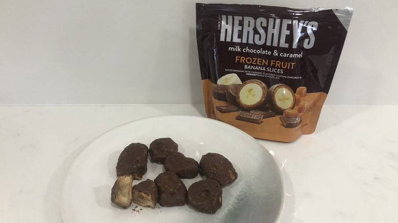 Hershey's Milk Chocolate & Caramel Frozen Banana Slices on a plate.