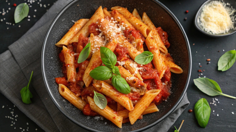Penne pasta garnished with tomato sauce and basil and served in a black bowl against a dark background