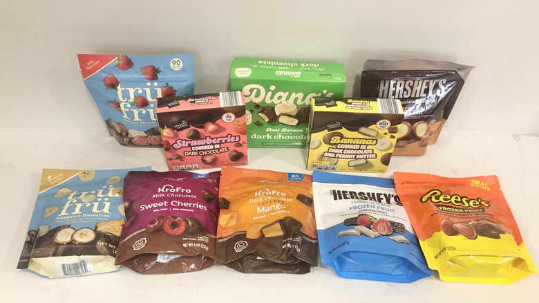 10 different store-bought frozen chocolate-covered fruits.