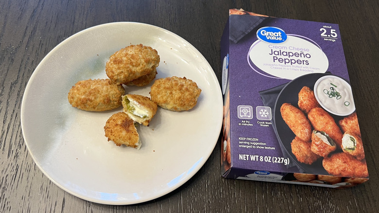 Great Value Cream Cheese Stuffed Jalapeño Peppers in a box and on a white plate