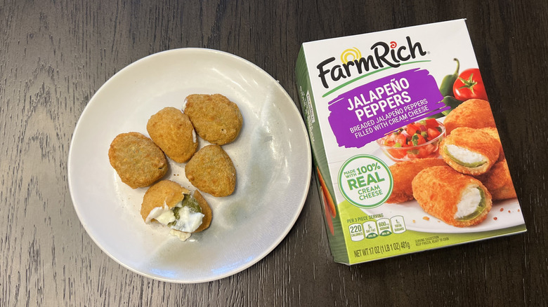 Farm Rich Breaded Jalapeño Peppers Stuffed with Cream Cheese in a box and on a white plate