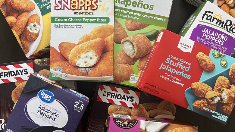 10 different boxes of frozen jalapeno poppers.