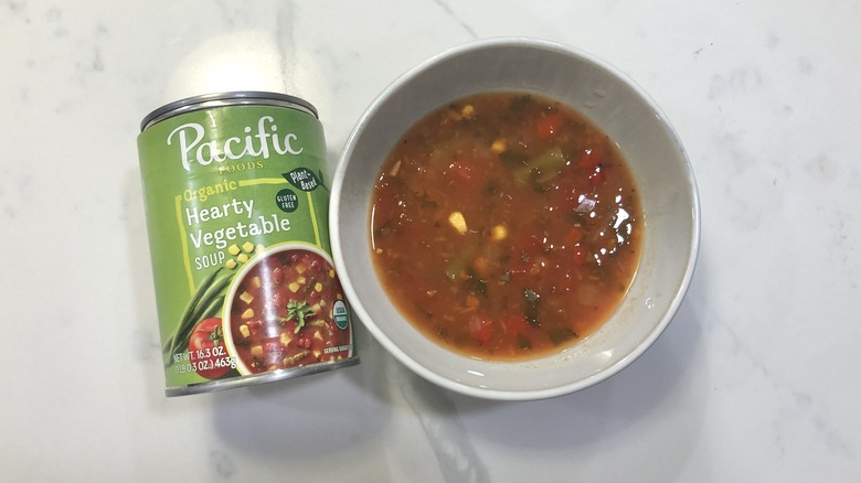 Pacific Foods organic hearty vegetable soup in a bowl.