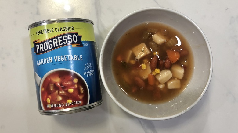 Progresso garden vegetable soup in a bowl.