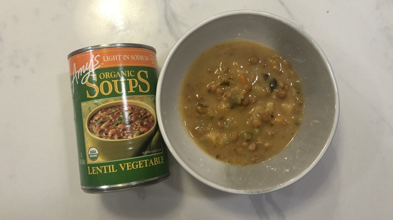 Amy's organic lentil vegetable soup in a bowl.