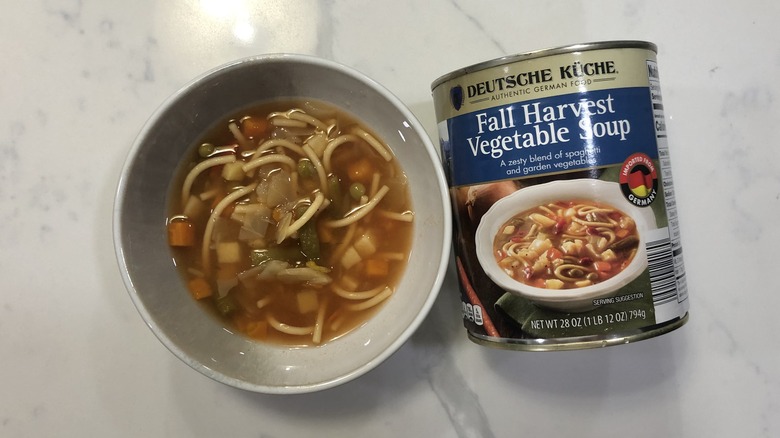 Deutsche Kuche fall harvest vegetable soup in a bowl.