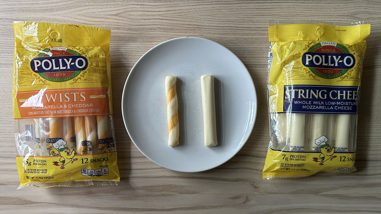 Polly-O string cheese on wooden table