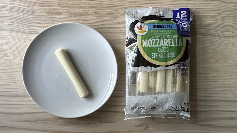 Stop and Shop string cheese on wooden table
