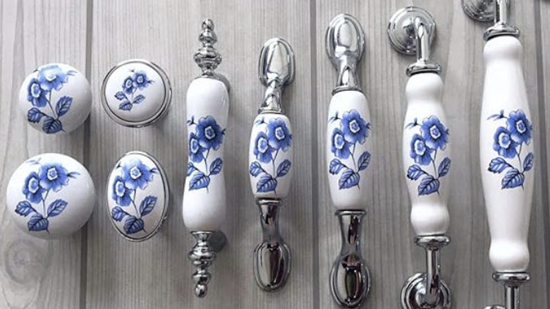 Blue and white ceramic patterned handles and knobs for drawers and cabinets