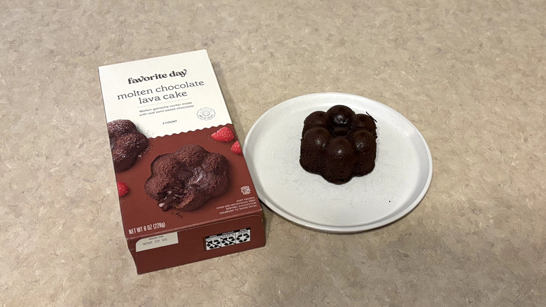 Favorite Day molten chocolate lava cake on white plate and box on neutral background