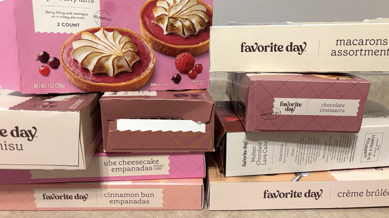 Favorite Day frozen desserts in boxes on neutral counter.