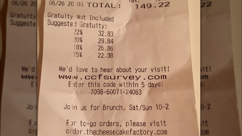 Close up of Cheesecake Factory receipt, mirrored image