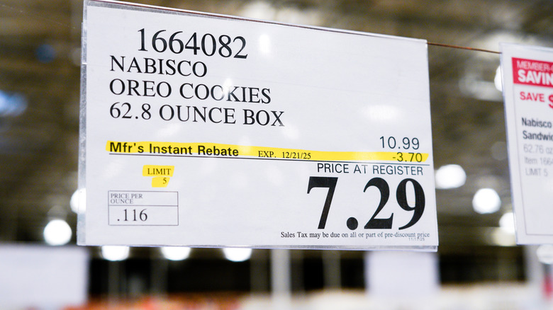 Costco price tag for Oreo cookies listing the price at 7.29
