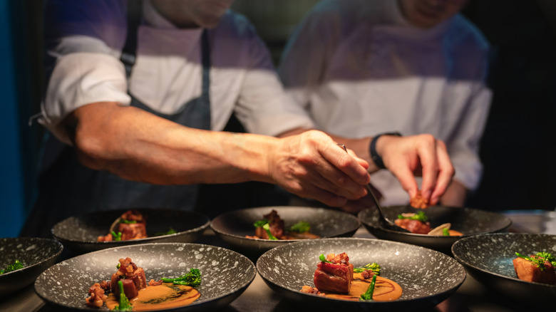 Close-up of a cook's hands artfully plating food.