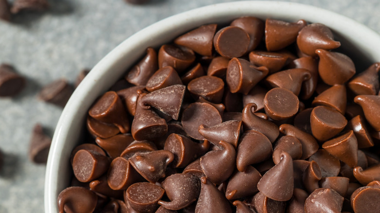 Close up of chocolate chips in bowl