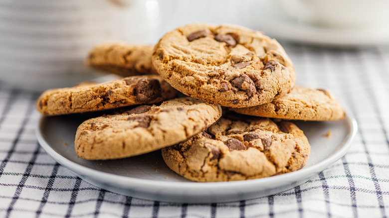 Pile of chocolate chip cookies on plate