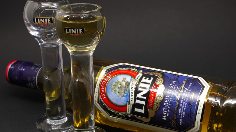 Erfurt, germany - 02 12 2022 linie aquavit bottle and two glasses.