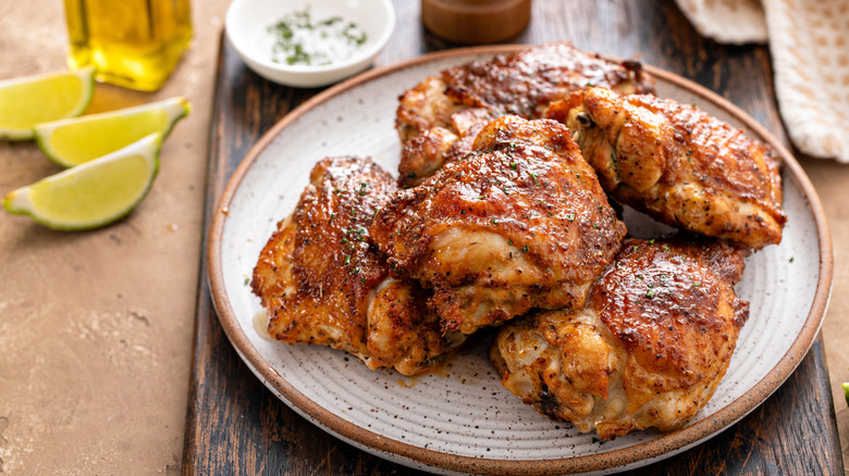 Air fried seasoned chicken thighs piled on white stone plate with brown trim on wood table.