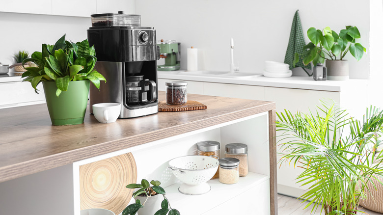 Coffee machine placed above open shelves built into a kitchen island