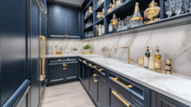 Blurred background image of pantry with prep counter, sink and elegant cabinetry