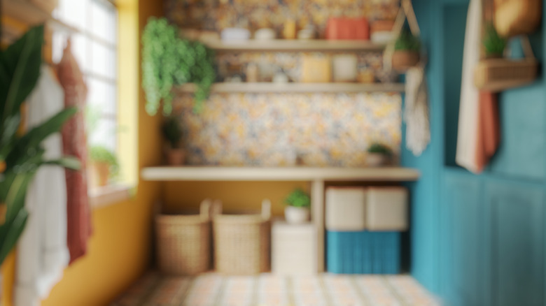 Blurred background image of bohemian walk-in pantry in vibrant colors