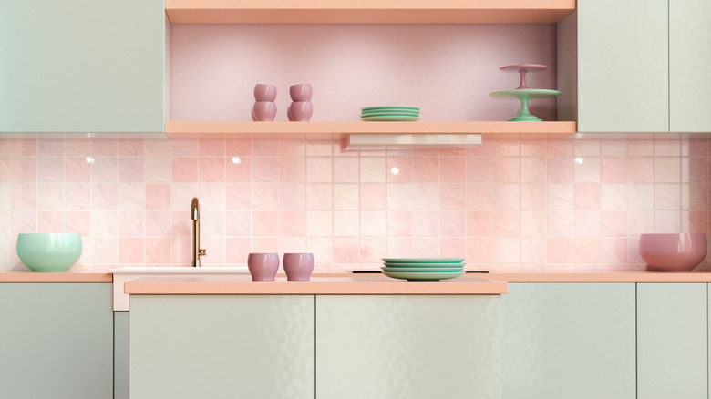 3D rendering of a pastel-colored kitchen with a pink tiled backsplash