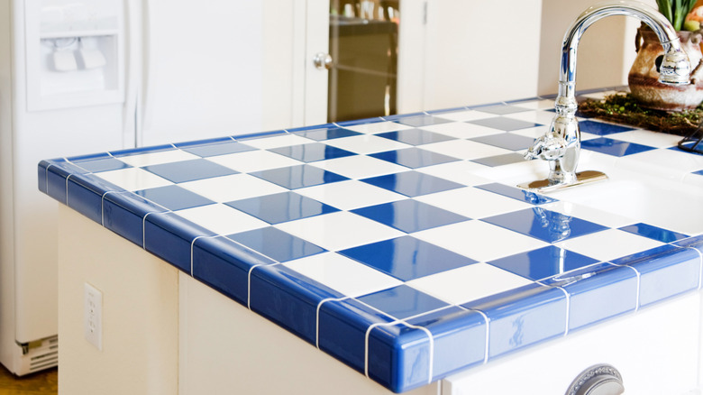 Detailed shot of blue checkerboard tiled countertop