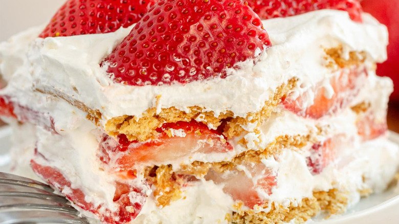 Slice of strawberry icebox cake