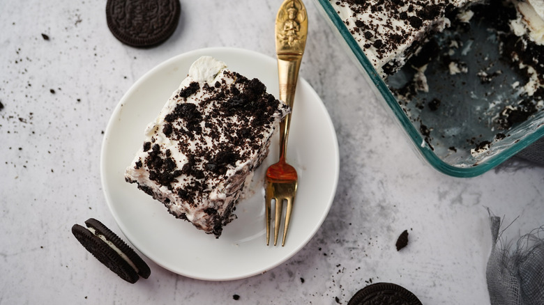 Homemade cookies and cream icebox cake, overhead view